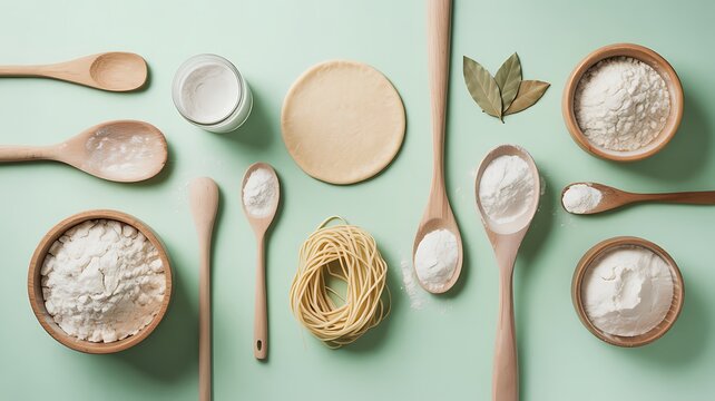 Baking essentials laid out neatly with flour, dough, pasta, and wooden spoons for culinary inspiration