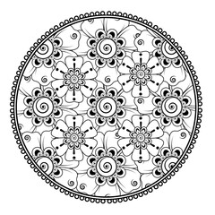 Mehndi flower pattern for Henna drawing and tattoo. Decoration in ethnic oriental  Indian style. Doodle ornament. Outline hand draw vector illustration.
