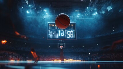 Suspenseful basketball shot mid-flight with seconds left on scoreboard showing the tension and emotion of a thrilling buzzer-beater finish