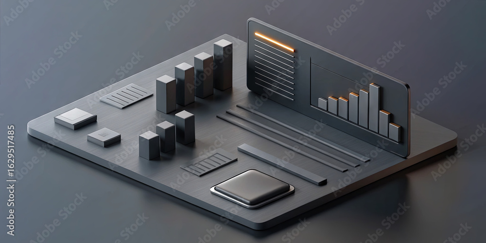 Poster the composition showcases a sleek and minimalistic dashboard with bar graphs, sliders, and buttons, 