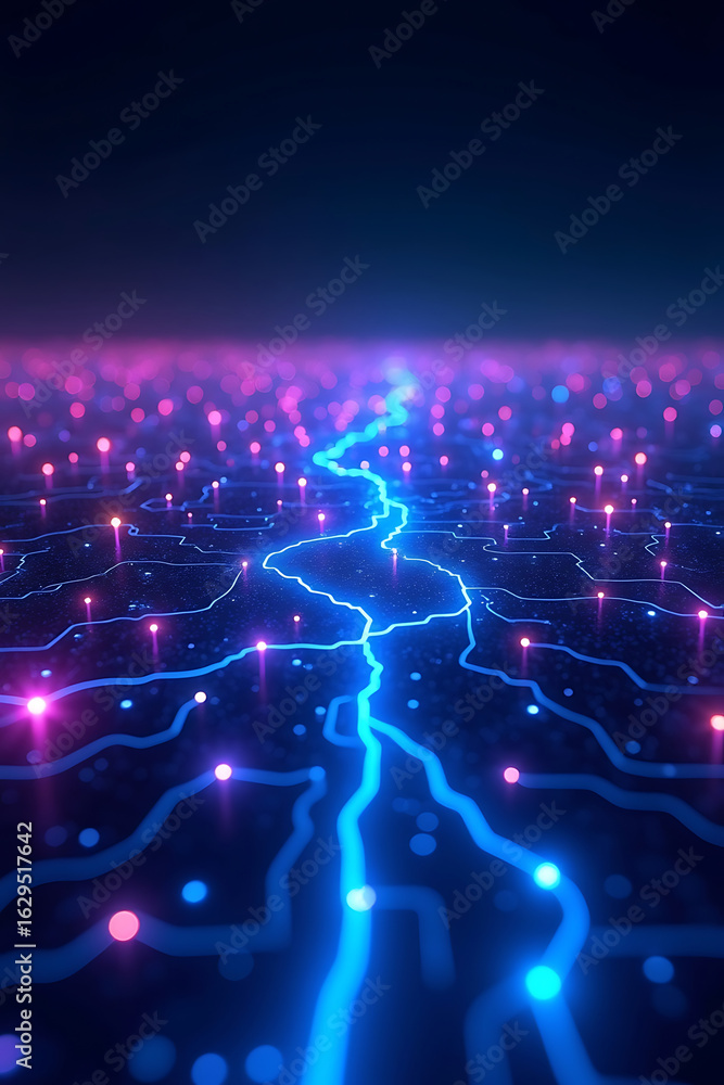 Poster abstract digital circuit board with glowing pathways and interconnected nodes.