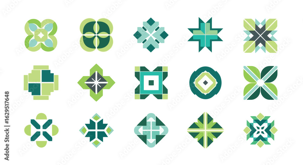 Poster vector art of set of abstract geometric shapes and patterns in green and teal isolated on white back