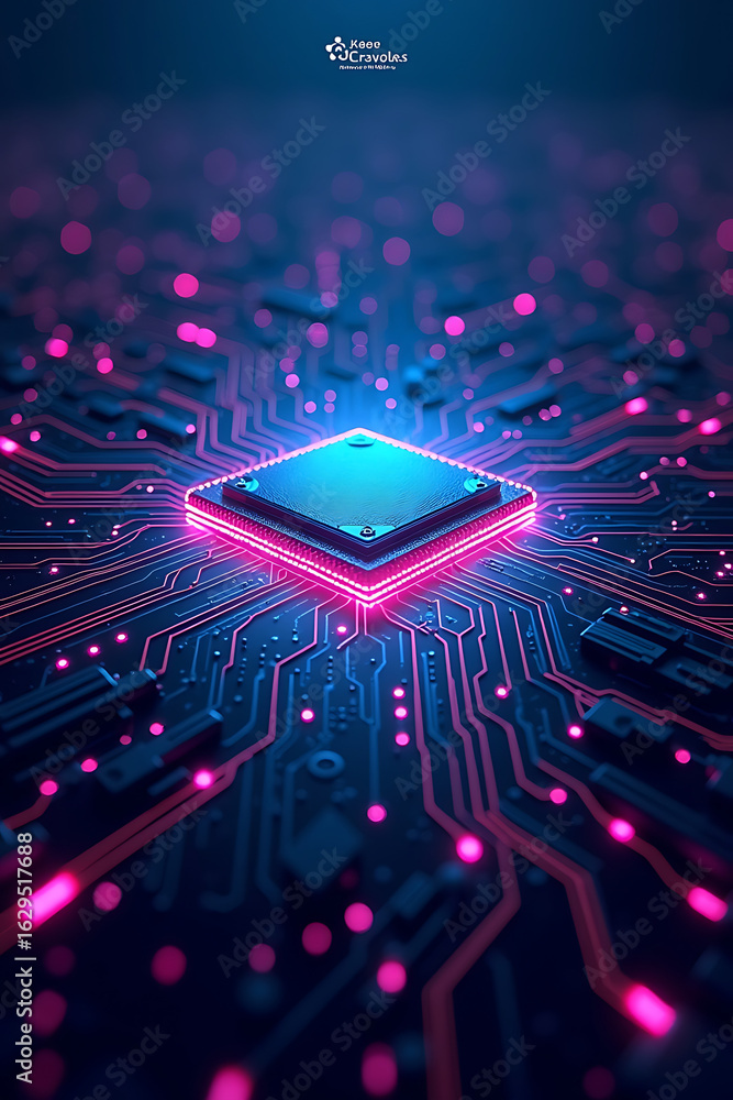 Poster a close-up, glowing view of a computer processor, showcasing intricate circuits.