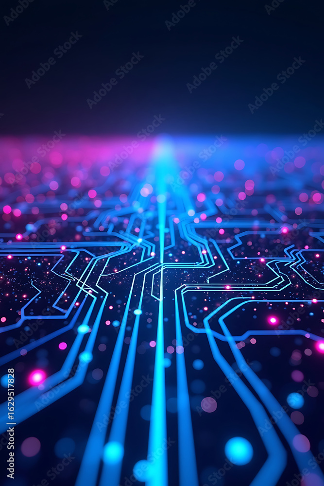 Poster abstract depiction of a circuit board with glowing lines and dots, showcasing digital technology.