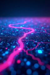 Obraz premium Abstract close-up of a circuit board with glowing pink lines and blue lights, suggesting technology and connectivity.