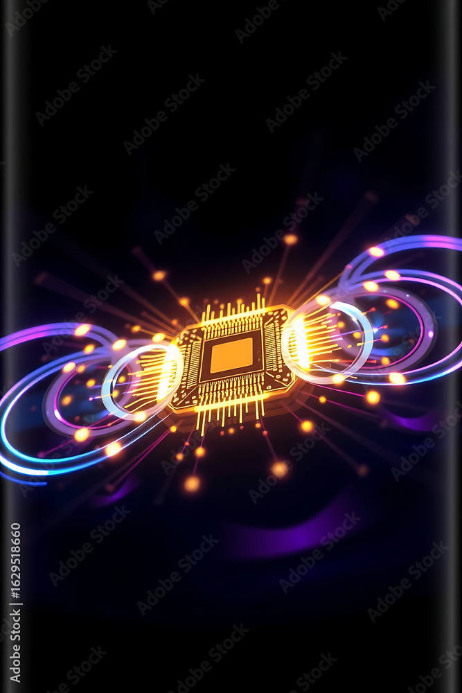 Poster a central microchip emits light and energy, surrounded by glowing rings and abstract lines on a dark