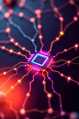 A close-up of a microchip with glowing lines and dots, suggesting connectivity and technology.