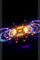 A central microchip emits light and energy, surrounded by glowing rings and abstract lines on a dark background.