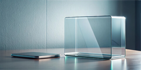 A transparent glass cube sits on a wooden table, softly illuminated by light, with a sleek smartphone placed beside it in a minimalist indoor environment