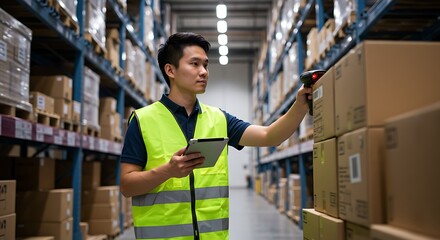 Warehouse worker scanning boxes with a barcode reader for inventory management