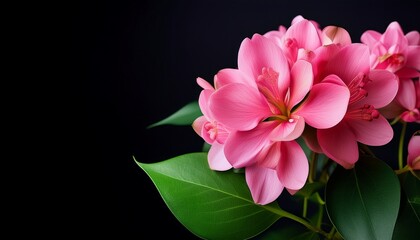 Fototapeta premium vibrant pink flowers with green leaves on black background for nature photography