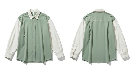 Modern two-tone color-block shirt with a sage green body and white sleeves. Casual long-sleeved button-up blouse isolated on a white background.