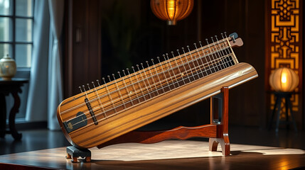 A traditional Chinese guzheng (zither) on a polished wooden stand, illuminated by soft ambient lighting