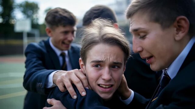 A frightened young male student being bullied and held by other male students outdoors. School violence and aggression concept footage.