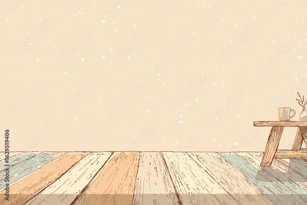 Poster rustic flat vector background with wooden floor and simple table