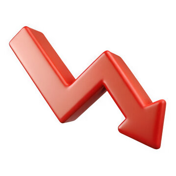 3d illustration of an isolated 3d rendered red arrow pointing downwards, indicating a negative trend or financial loss on a transparent background