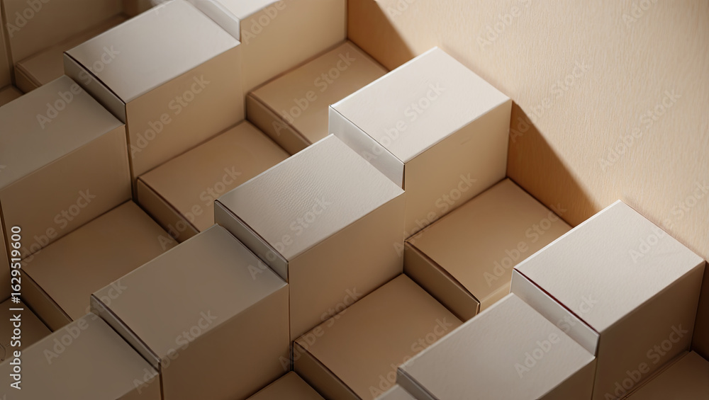 Poster a series of white boxes are arranged in an uneven pattern on a light-colored surface, showcasing a m