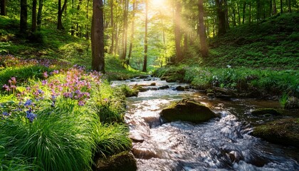a serene forest stream flowing through lush greenery and colorful wildflowers in sunlight