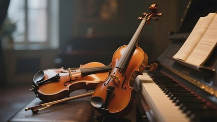 Violin Resting on Piano with Sheet Music in a Cozy Room