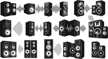 Dynamic audio speakers emit sound waves in modern graphic style