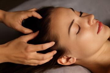 Spa therapist giving relaxing head massage to female client