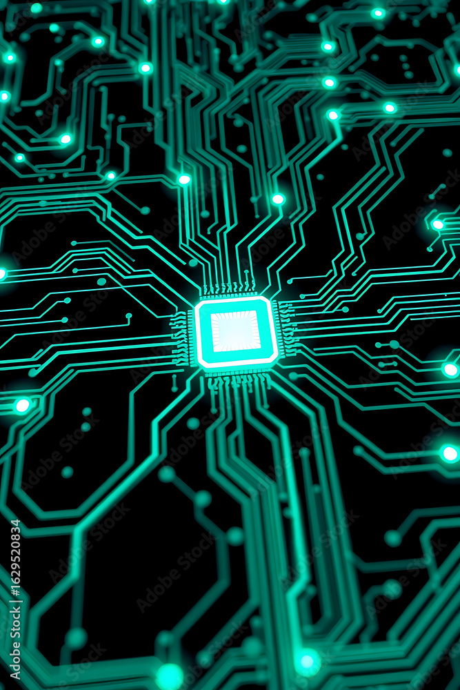 Poster close-up of a glowing central processing unit and circuit board.