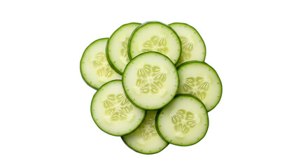 Pile of fresh green cucumber slices isolated on transparent background, a healthy and cool vegetable for salad and vegetarian diet, close up macro detail