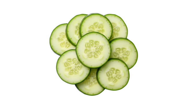 Pile of fresh green cucumber slices isolated on transparent background, a healthy and cool vegetable for salad and vegetarian diet, close up macro detail