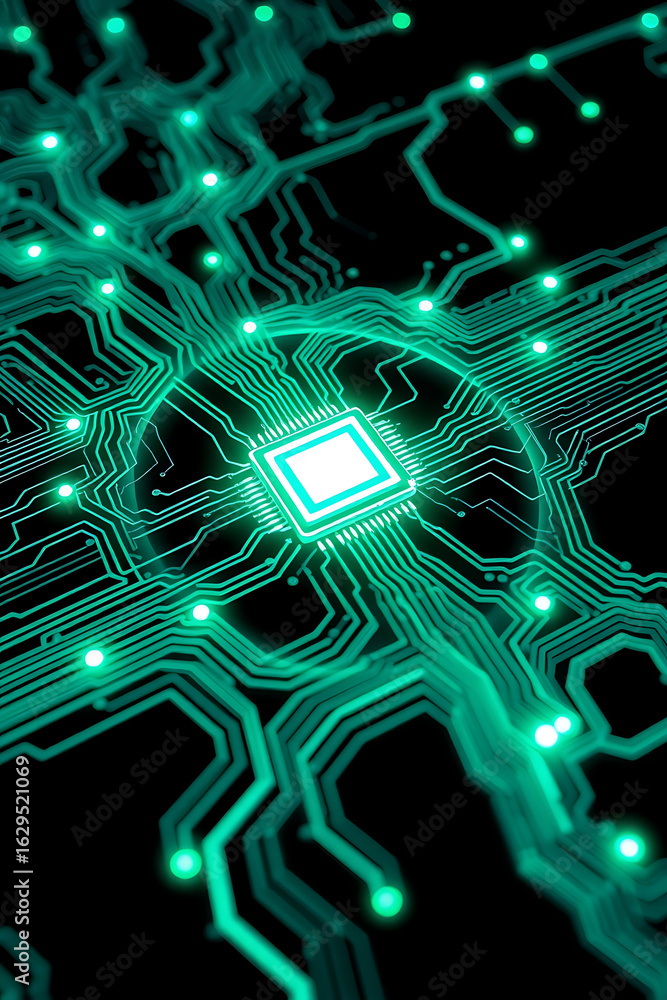 Poster illuminated circuit board with a central processor, glowing with vibrant green light.