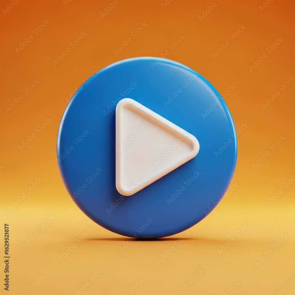 Poster a captivating 3d render of a play button icon on a vibrant orange background, perfect for multimedia