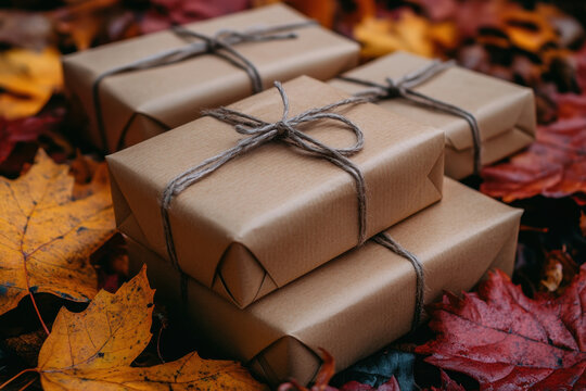 brown boxes tied with twine on autumn leaves.