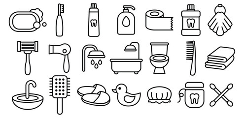 Bathroom Line Icon Black and White Color Hygiene and Toiletries Illustrations Vector Design, Shower, Brush, Comb, Soap, Dental, Spa, Wellness, Bathtub, Collections Isolated White Background