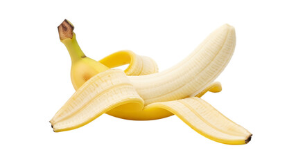 Closeup of a peeled banana, a healthy and sweet tropical fruit, isolated on transparent background, perfect for illustrating nutrition and healthy eating concepts