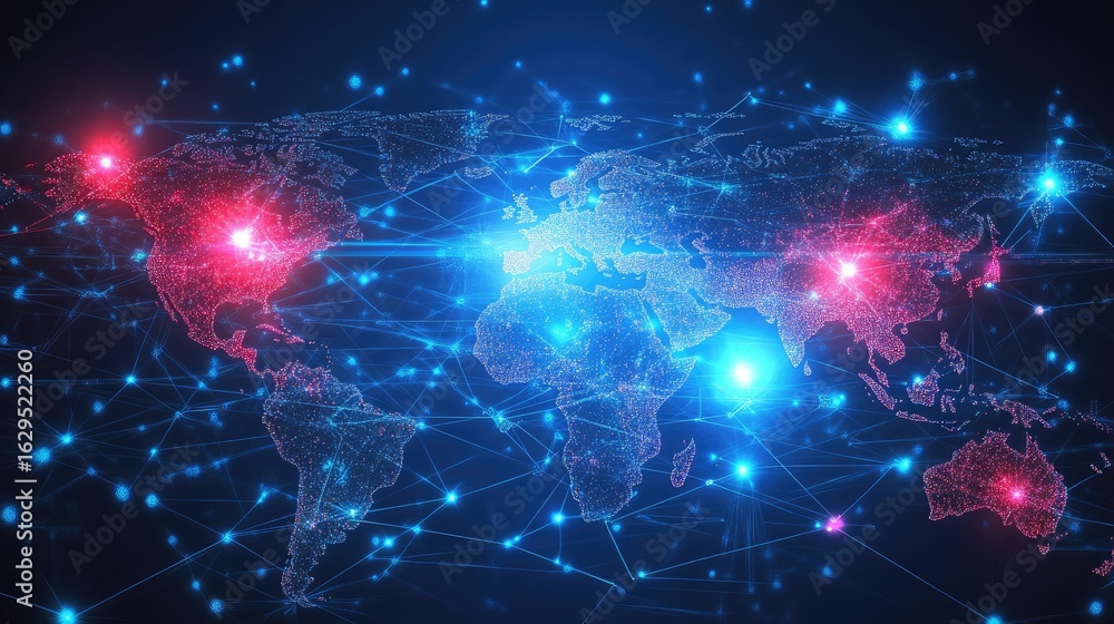 Poster interconnected digital world map glowing with global data nodes