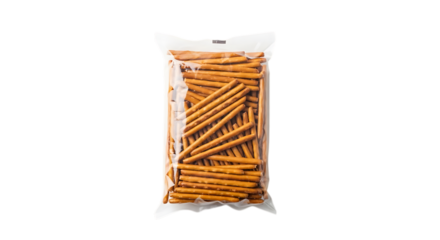 Bag of pretzel sticks isolated on transparent background, a salty snack with a crispy texture, perfect for parties and gatherings, a traditional treat for all ages