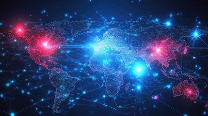 Fototapeta premium Interconnected digital world map glowing with global data nodes