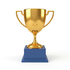 Golden Trophy with Number One on a Blue Pedestal Symbolizing Achievement and Success on a White Background Perfect for Awards and Recognition
