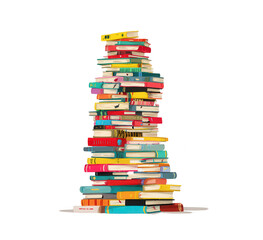Towering stack of colorful books