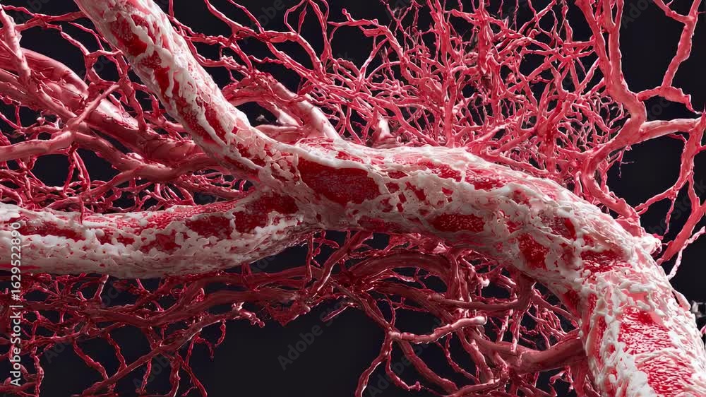 Poster digital model displaying systemic arterial structures with interrupted red patches simulating inflam