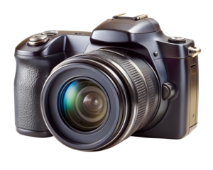 A black digital camera with a lens isolated on a transparent background