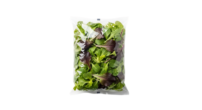 Fresh mixed salad leaves in a plastic bag, isolated on transparent background, offering a healthy and convenient option for a quick and nutritious meal