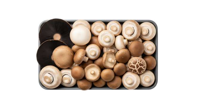 Assortment of fresh mushrooms in a tray, isolated on transparent background, offering a variety of flavors and textures for culinary creations and healthy meals