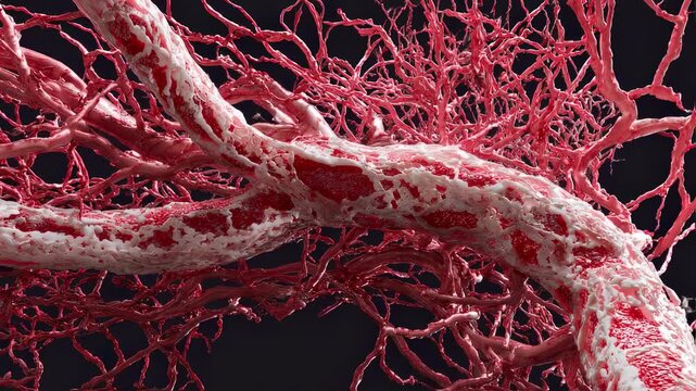 Digital model displaying systemic arterial structures with interrupted red patches simulating inflammatory nodular swellings typical in vascular autoimmune conditions.