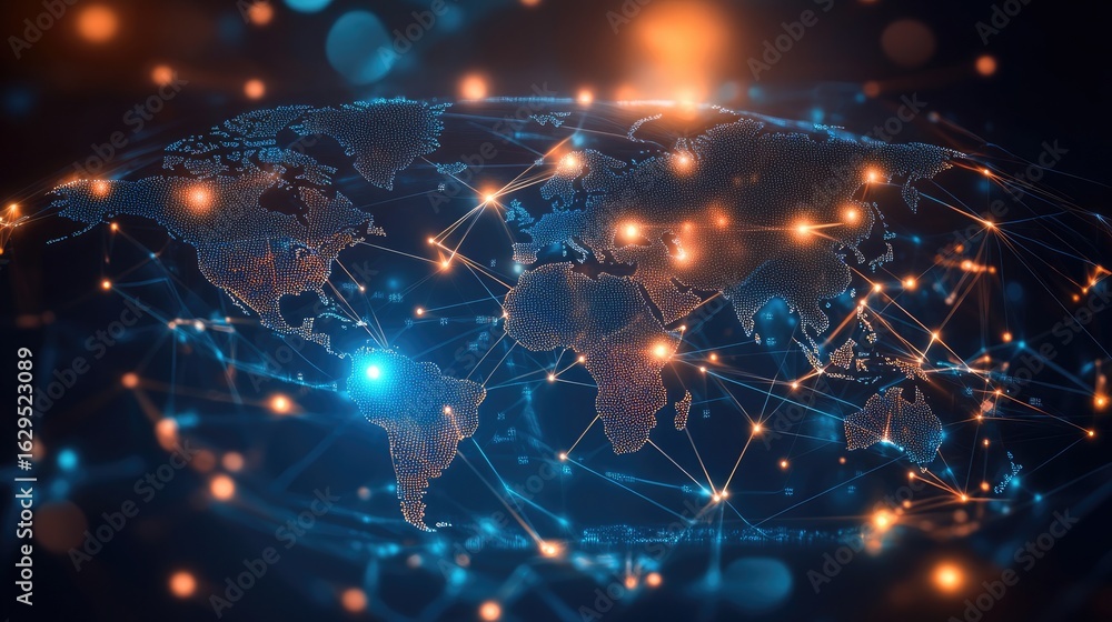 Poster brightly linked data network forming a modern world technology map