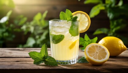 Fototapeta premium a cool glass of lemonade garnished with mint leaves and ice set on a weathered wooden table to capture the essence of summer refreshment