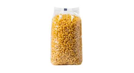 A clear plastic bag filled with elbow macaroni pasta, isolated on transparent background, showcasing the uncooked, dry ingredient for various italian cuisine recipes