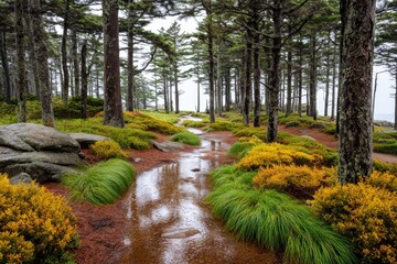 Misty forest path, wet ground, autumnal colors