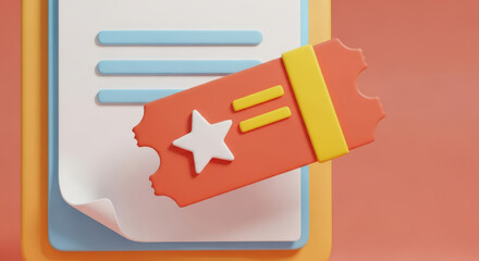 A Detailed 3D Render of a Red Ticket with a Yellow Stripe and White Star, Resting on a Stack of Papers Against a Soft Orange Background in High Definition