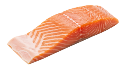 A fresh raw salmon fillet, isolated on transparent background, showcasing its vibrant pink and orange color, rich texture, and healthy omega3 fats, perfect for gourmet cooking