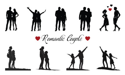 Collection of romantic couple silhouettes in various poses expressing love and happiness together on white background